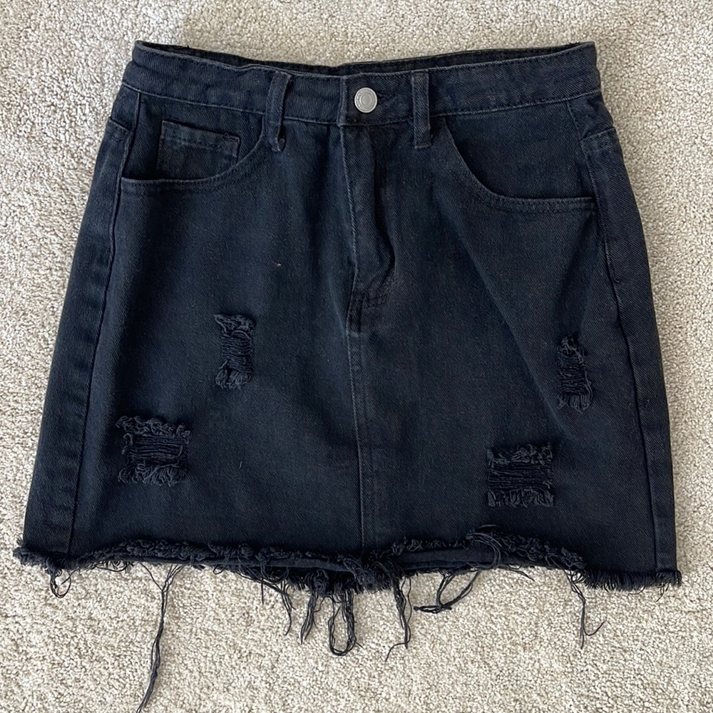 Distressed Black Denim Skirt